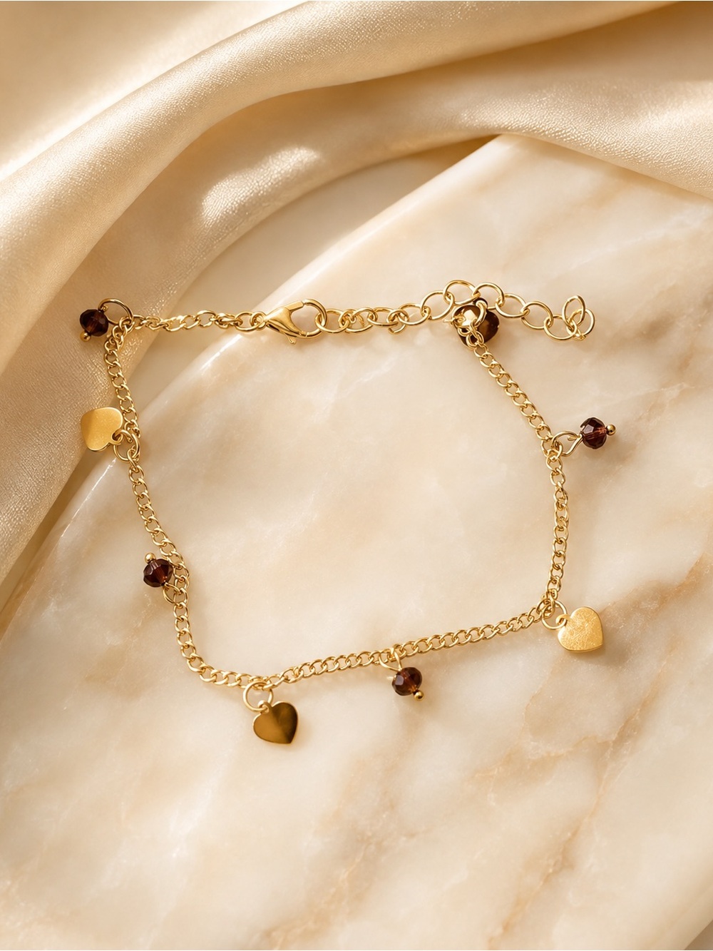 Gold Heart Charm Bracelet with Garnet Beads - Women Jewelry